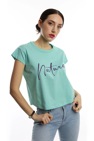 Kadın Nature Yazı Baskılı Crop Tişört Turkuaz - Resim 2