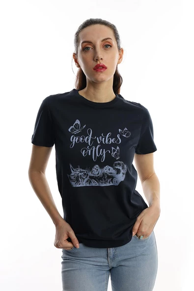 Kadın Good Vibes Only Yazı Baskılı Tişört Lacivert - 2