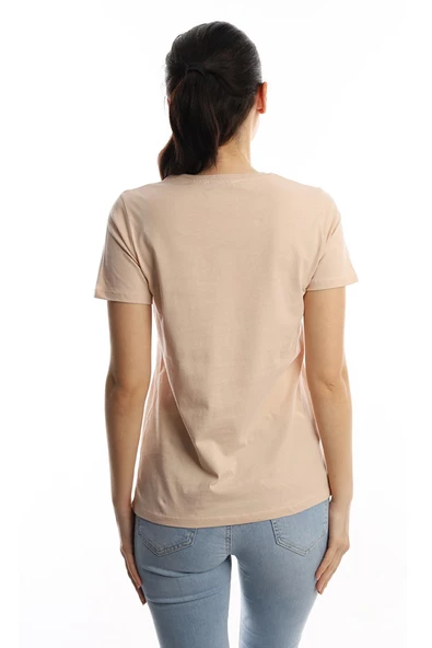 Kadın Good Vibes Only Yazı Baskılı Tişört Bej - Resim 4