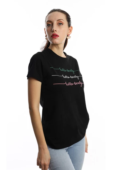 Kadın Hello Lovely Yazı Baskılı Tişört Siyah - Resim 2