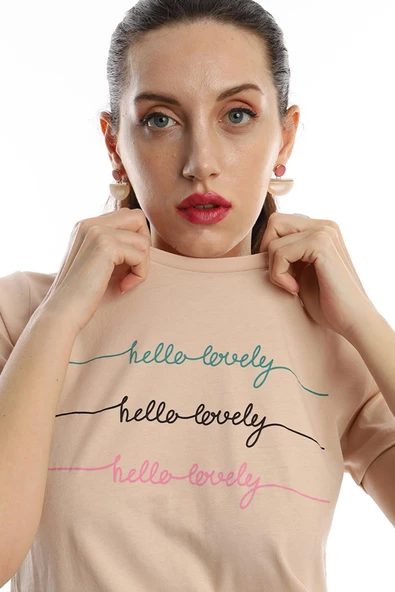 Kadın Hello Lovely Yazı Baskılı Tişört Bej - Resim 3