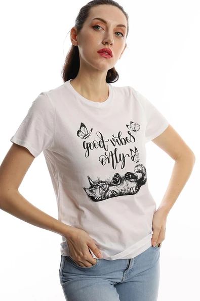 Kadın Good Vibes Only Yazı Baskılı Tişört Beyaz - Resim 3