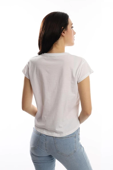 Kadın Paris Yazı Baskılı Crop Tişört Beyaz - Resim 3