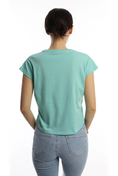 Kadın Nature Yazı Baskılı Crop Tişört Turkuaz - Resim 4