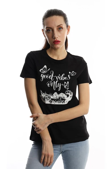 Kadın Good Vibes Only Yazı Baskılı Tişört Siyah - Resim 2