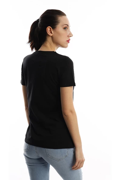 Kadın Good Vibes Only Yazı Baskılı Tişört Siyah - Resim 4