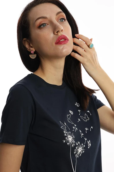 Kadin Bisiklet Yaka Baskılı Basic Tişört Lacivert - Resim 3