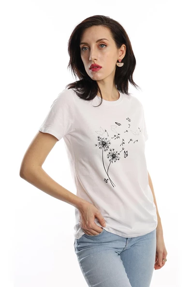 Kadin Bisiklet Yaka Baskılı Basic Tişört Beyaz - Resim 2