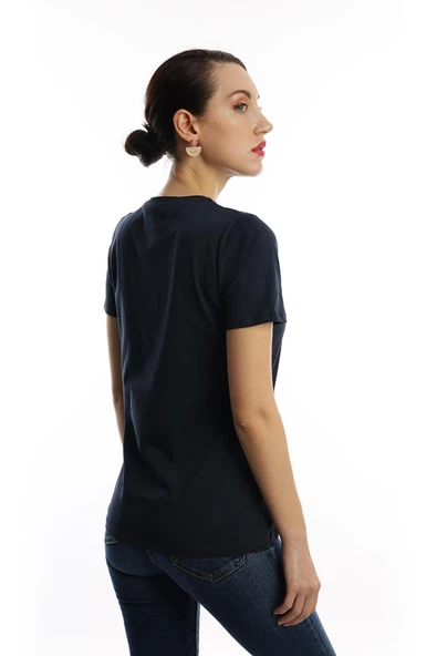 Kadın Bisiklet Yaka Minimal Project Baskılı Regular Fit Tişört Lacivert - Resim 3