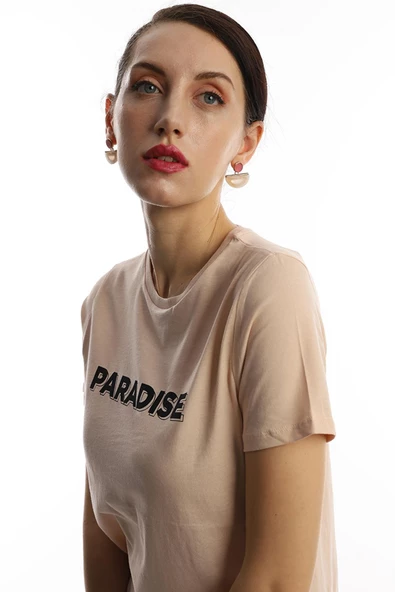 Kadın Bisiklet Yaka Paradise Baskılı Regular Fit Tişört Bej - Resim 2