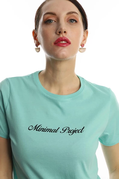 Kadın Bisiklet Yaka Minimal Project Baskılı Regular Fit Tişört Turkuaz - Resim 3