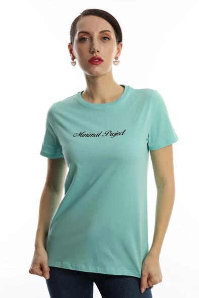 Kadın Bisiklet Yaka Minimal Project Baskılı Regular Fit Tişört Turkuaz - Resim 2