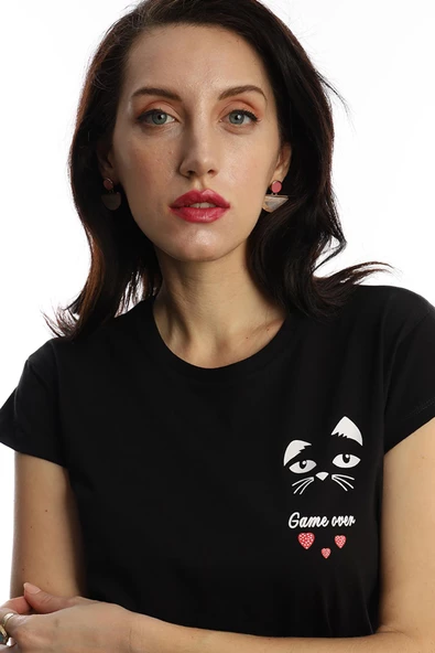 Kadın Bisiklet Yaka Game Over Kedi Baskılı Regular Fit Tişört Siyah - Resim 2