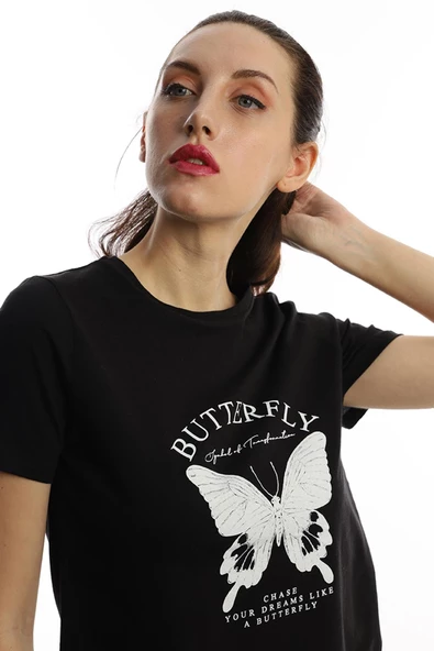 Kelebek Baskılı Bisiklet Yaka Kadın Regular Fit Tişört Siyah - 3