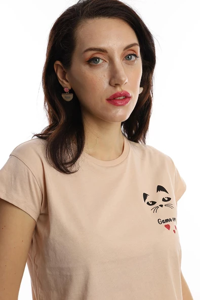 Kadın Bisiklet Yaka Game Over Kedi Baskılı Regular Fit Tişört Bej - Resim 4