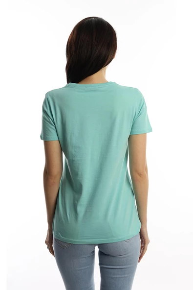 Kadın Kelebek Baskılı Bisiklet Yaka Regular Fit Tişört Turkuaz - Resim 3