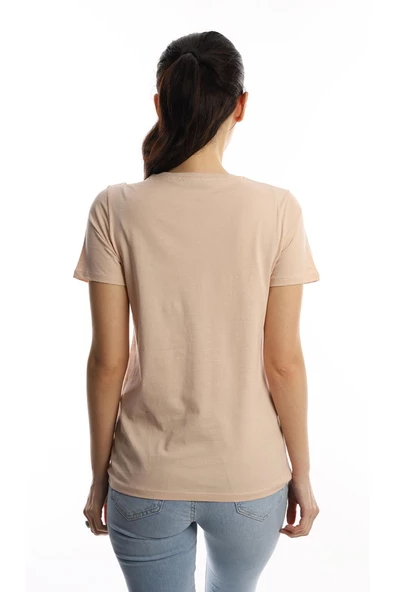 Kadın Kelebek Baskılı Bisiklet Yaka Regular Fit Tişört Bej - Resim 4