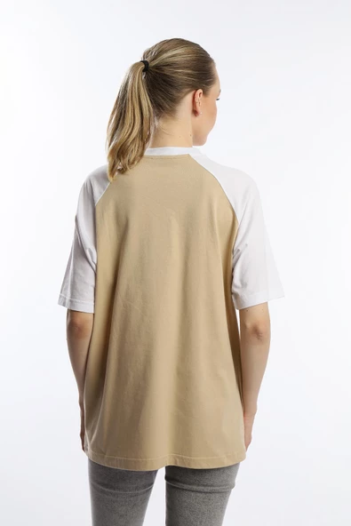 Kadın Oversize Fit Reglan Kol Basic Tişört Bej - 5