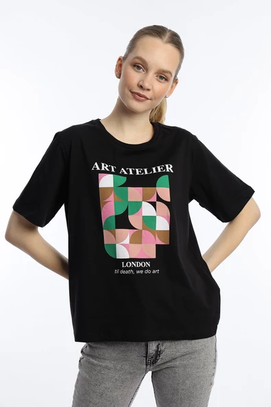 Kadın Art Atelier Baskılı Regular Fit Tişört Siyah - Resim 2