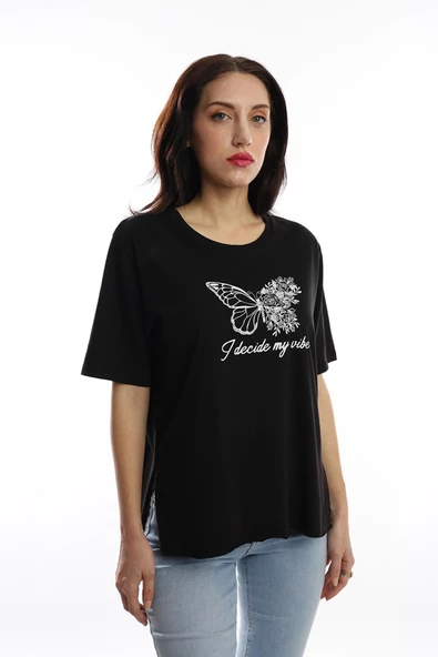 Kadın Bisiklet Yaka Kelebek Baskılı Oversize Tişört Siyah - Resim 2