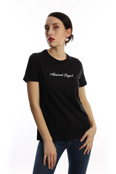 Kadın Bisiklet Yaka Minimal Project Baskılı Regular Fit Tişört Siyah - 2