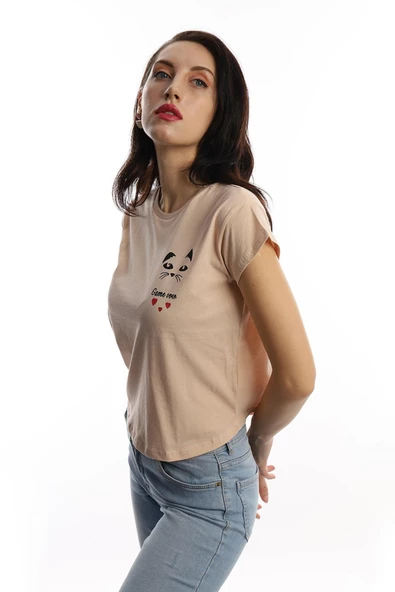 Kadın Bisiklet Yaka Game Over Kedi Baskılı Regular Fit Tişört Bej - Resim 3