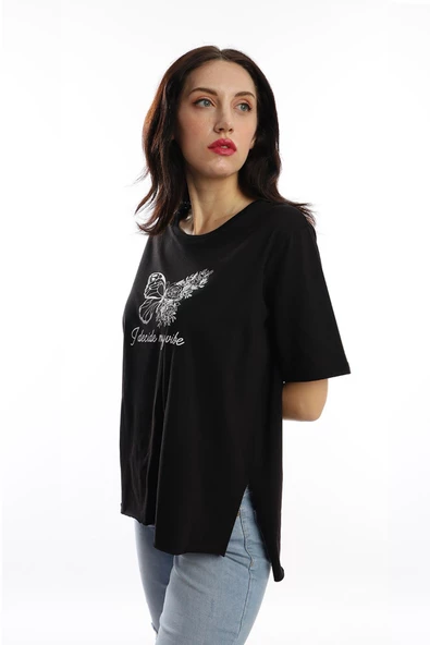 Kadın Bisiklet Yaka Kelebek Baskılı Oversize Tişört Siyah - Resim 3