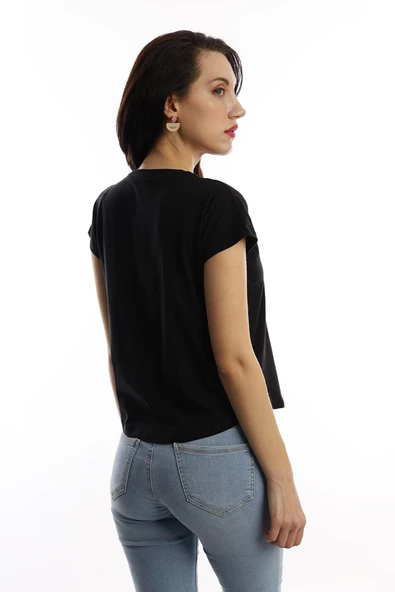 Kadın Bisiklet Yaka Game Over Kedi Baskılı Regular Fit Tişört Siyah - Resim 3