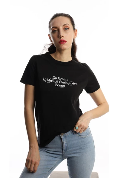 Kadın Bisiklet Yaka Regular Fit Baskılı Tişört Siyah - Resim 2