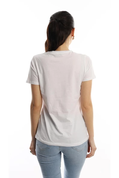 Kadın Bisiklet Yaka Regular Fit Baskılı Tişört Beyaz - Resim 4