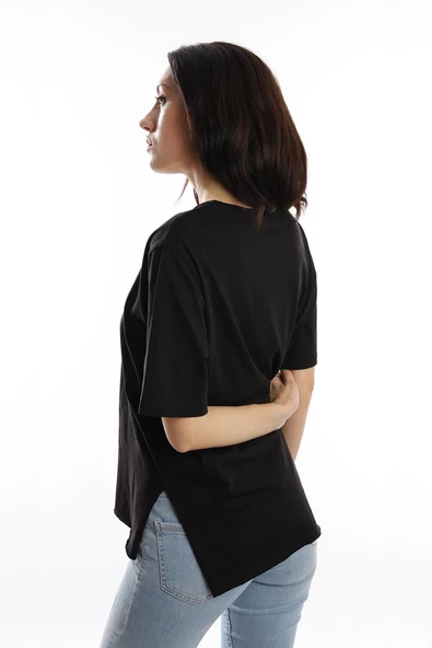 Kadın Bisiklet Yaka Kelebek Baskılı Oversize Tişört Siyah - Resim 4