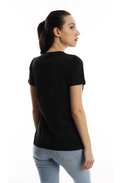 Kadın Bisiklet Yaka Regular Fit Baskılı Tişört Siyah - Resim 3