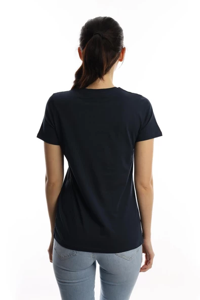 Kelebek Baskılı Bisiklet Yaka Kadın Regular Fit Tişört Lacivert - Resim 3