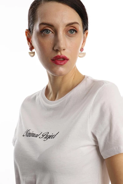 Kadın Bisiklet Yaka Minimal Project Baskılı Regular Fit Tişört Beyaz - 2