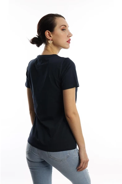 Kadın Bisiklet Yaka Paradise Baskılı Regular Fit Tişört Lacivert - Resim 3