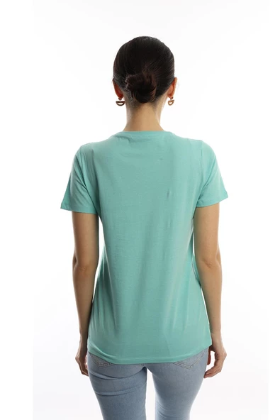 Kadın Bisiklet Yaka Paradise Baskılı Regular Fit Tişört Turkuaz - Resim 4