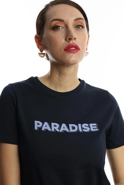 Kadın Bisiklet Yaka Paradise Baskılı Regular Fit Tişört Lacivert - Resim 2