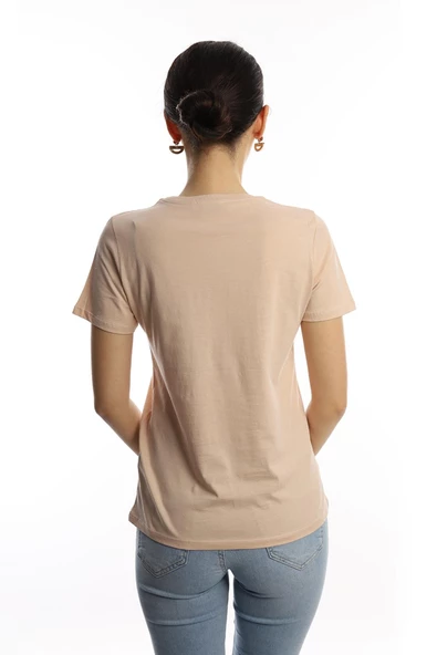 Kadın Bisiklet Yaka Paradise Baskılı Regular Fit Tişört Bej - Resim 3