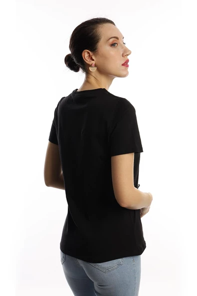 Kadın Bisiklet Yaka Paradise Baskılı Regular Fit Tişört Siyah - 3