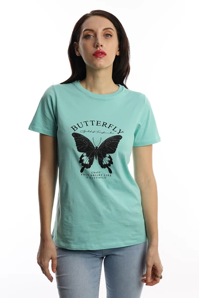 Kadın Kelebek Baskılı Bisiklet Yaka Regular Fit Tişört Turkuaz - Resim 2