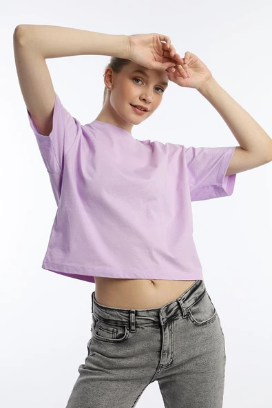 Kadin Oversize Fit Crop Tişört Lila - Resim 2