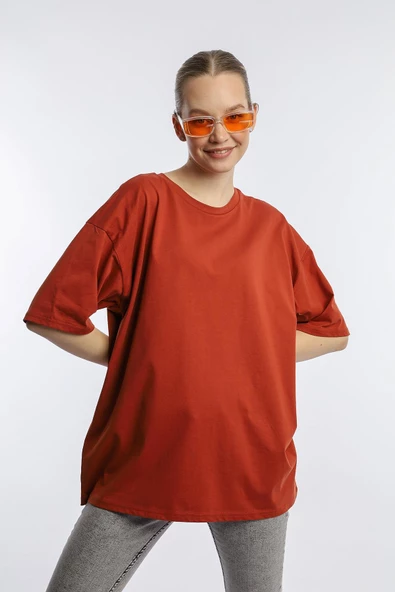 Kadın Oversize Bisiklet Yaka Tişört Kiremit - Resim 2