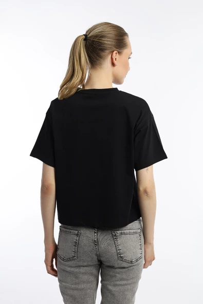 Kadin Oversize Fit Crop Tişört Siyah - Resim 3