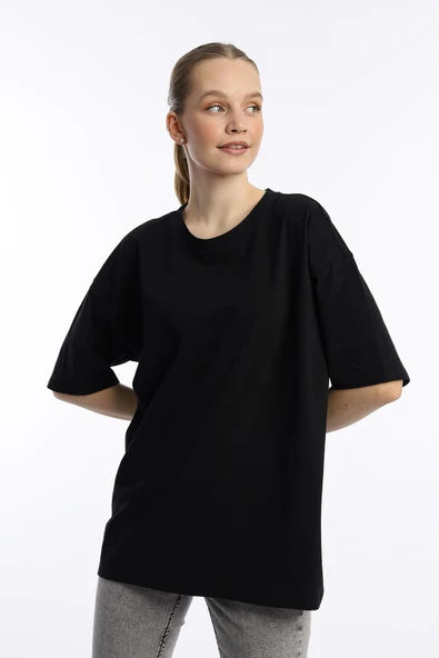 Kadın Oversize Bisiklet Yaka Tişört Siyah - Resim 2