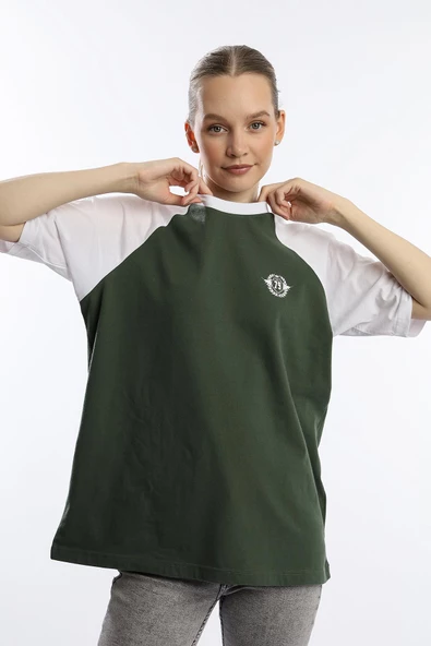 Kadın Oversize Fit Reglan Kol Basic Tişört Haki - 2