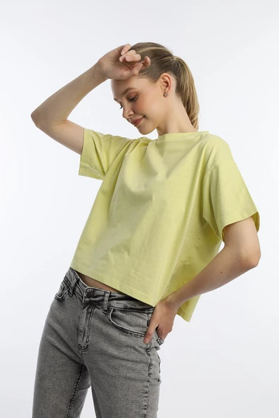 Kadin Oversize Fit Crop Tişört Sarı - Resim 2