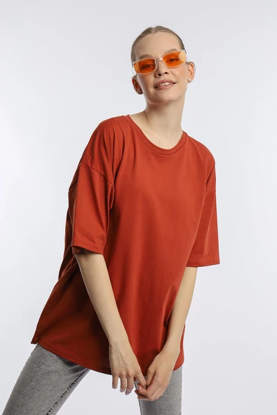 Kadın Oversize Bisiklet Yaka Tişört Kiremit - Resim 3