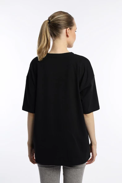 Kadın Oversize Bisiklet Yaka Tişört Siyah - Resim 4