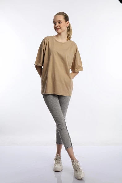 Kadın Oversize Bisiklet Yaka Tişört Vizon - Resim 3