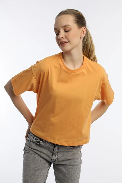 Kadin Oversize Fit Crop Tişört Turuncu - Resim 2
